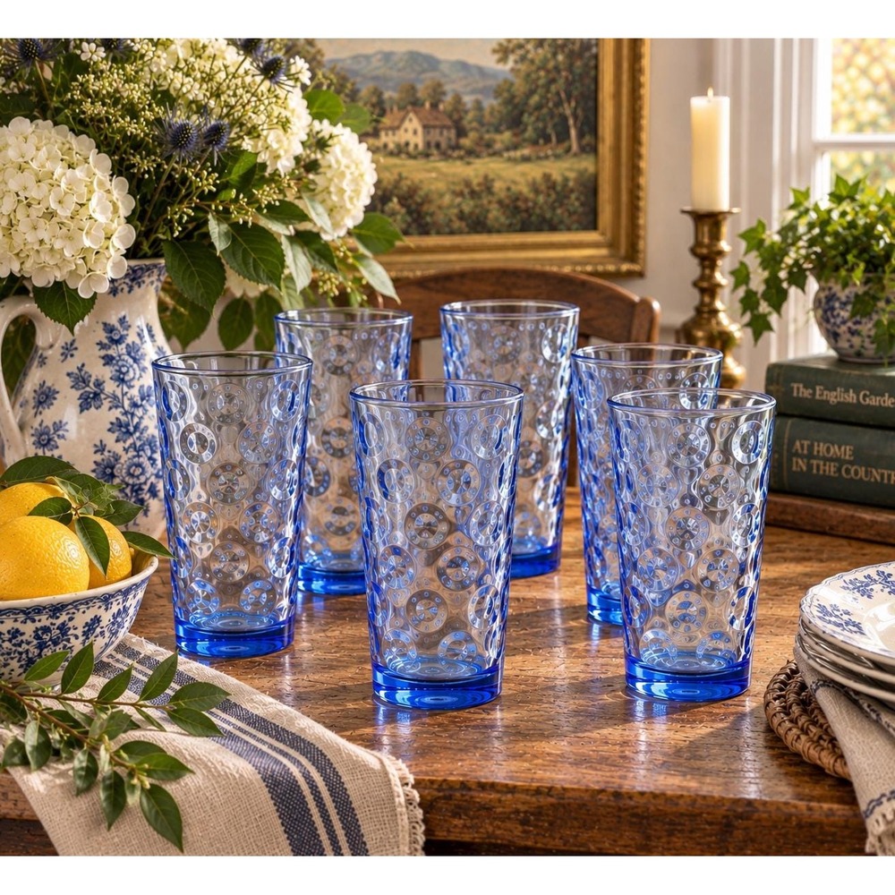 Vintage Pasabahce Cirque Blue Bubble Highball Glasses Set of 6 Turkish Tumblers